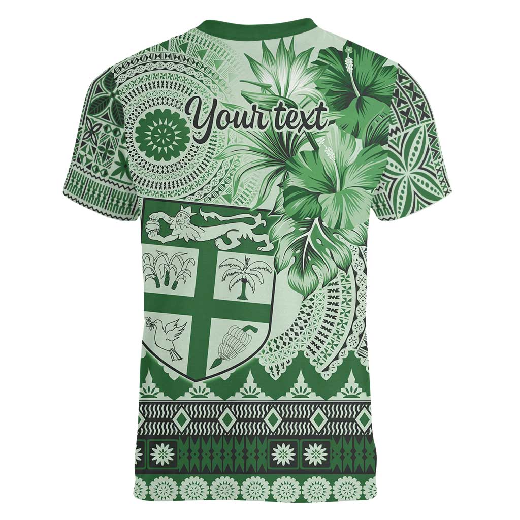 Vintage Bula Fiji Personalised Women V-Neck T-Shirt Green Hibiscus Tapa Pattern