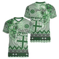 Vintage Bula Fiji Personalised Women V-Neck T-Shirt Green Hibiscus Tapa Pattern