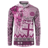Vintage Bula Fiji Personalised Button Sweatshirt Pink Hibiscus Tapa Pattern