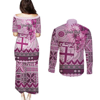 Vintage Bula Fiji Personalised Couples Matching Puletasi and Long Sleeve Button Shirt Pink Hibiscus Tapa Pattern