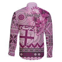 Vintage Bula Fiji Personalised Family Matching Long Sleeve Bodycon Dress and Hawaiian Shirt Pink Hibiscus Tapa Pattern