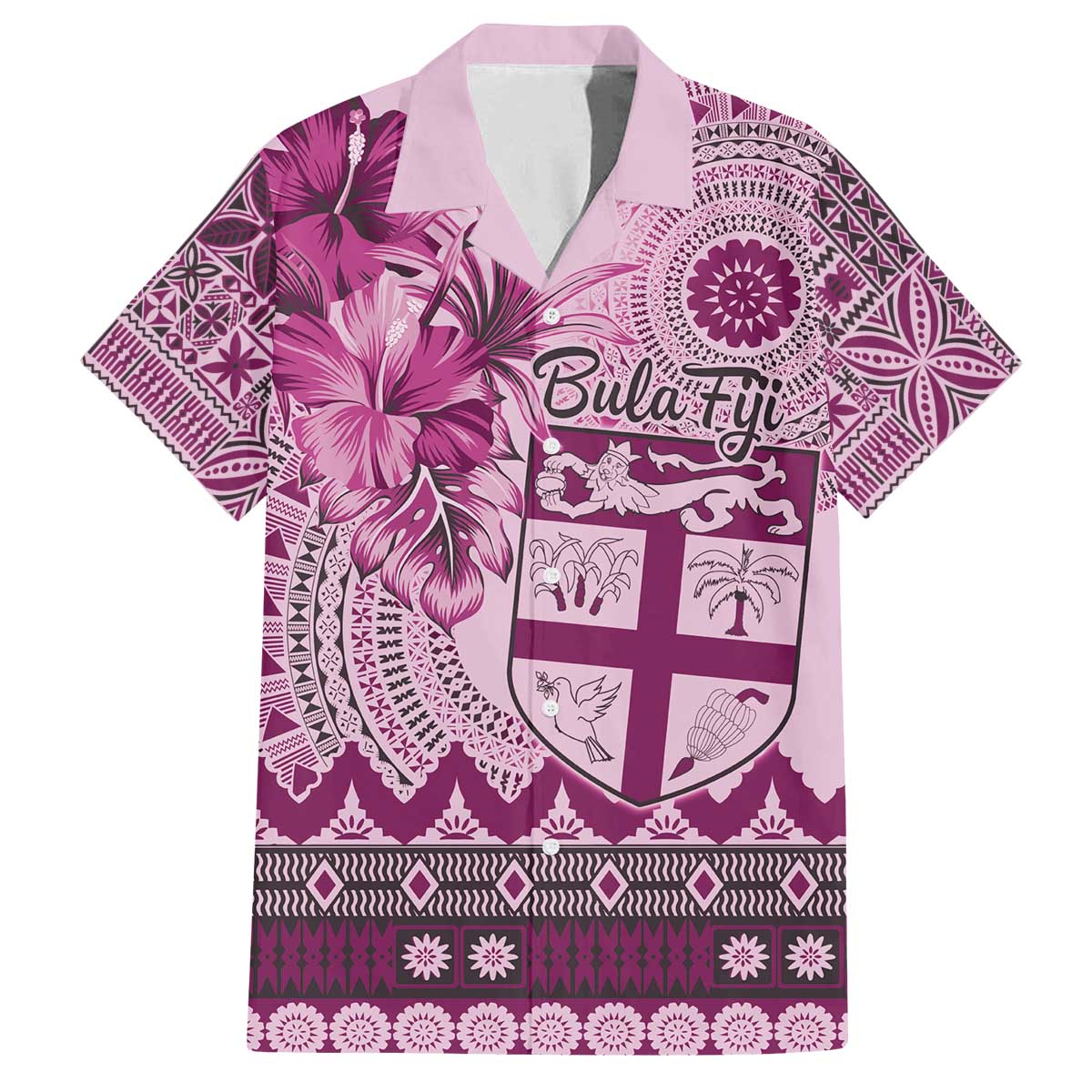 Vintage Bula Fiji Personalised Family Matching Off The Shoulder Long Sleeve Dress and Hawaiian Shirt Pink Hibiscus Tapa Pattern