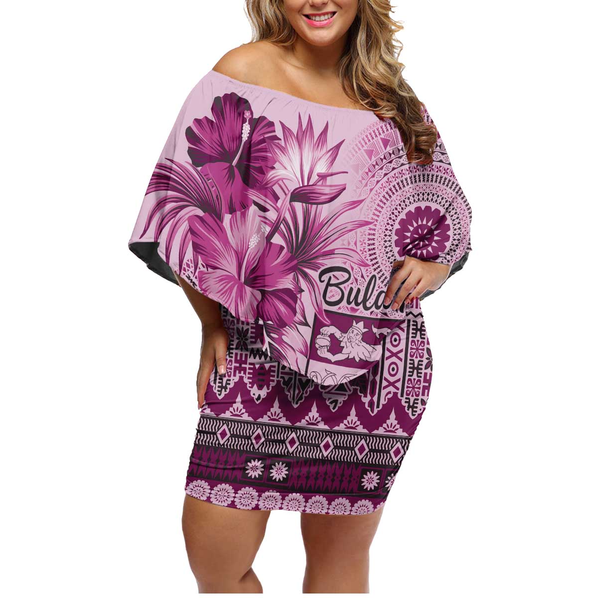Vintage Bula Fiji Personalised Family Matching Off Shoulder Short Dress and Hawaiian Shirt Pink Hibiscus Tapa Pattern