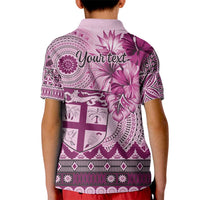 Vintage Bula Fiji Personalised Kid Polo Shirt Pink Hibiscus Tapa Pattern