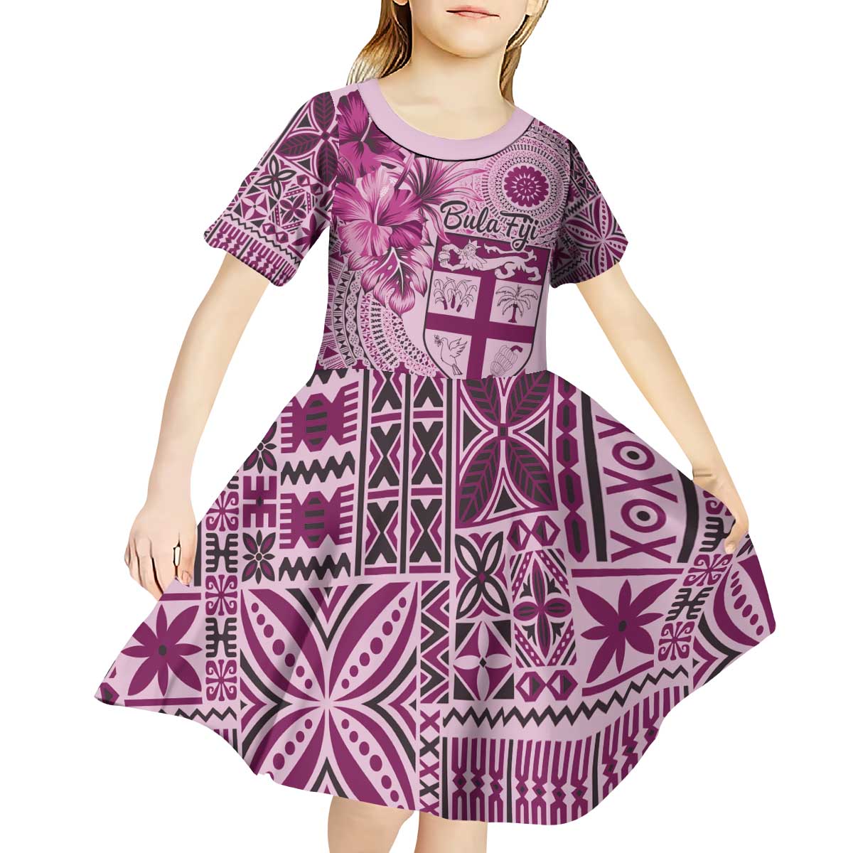 Vintage Bula Fiji Personalised Kid Short Sleeve Dress Pink Hibiscus Tapa Pattern