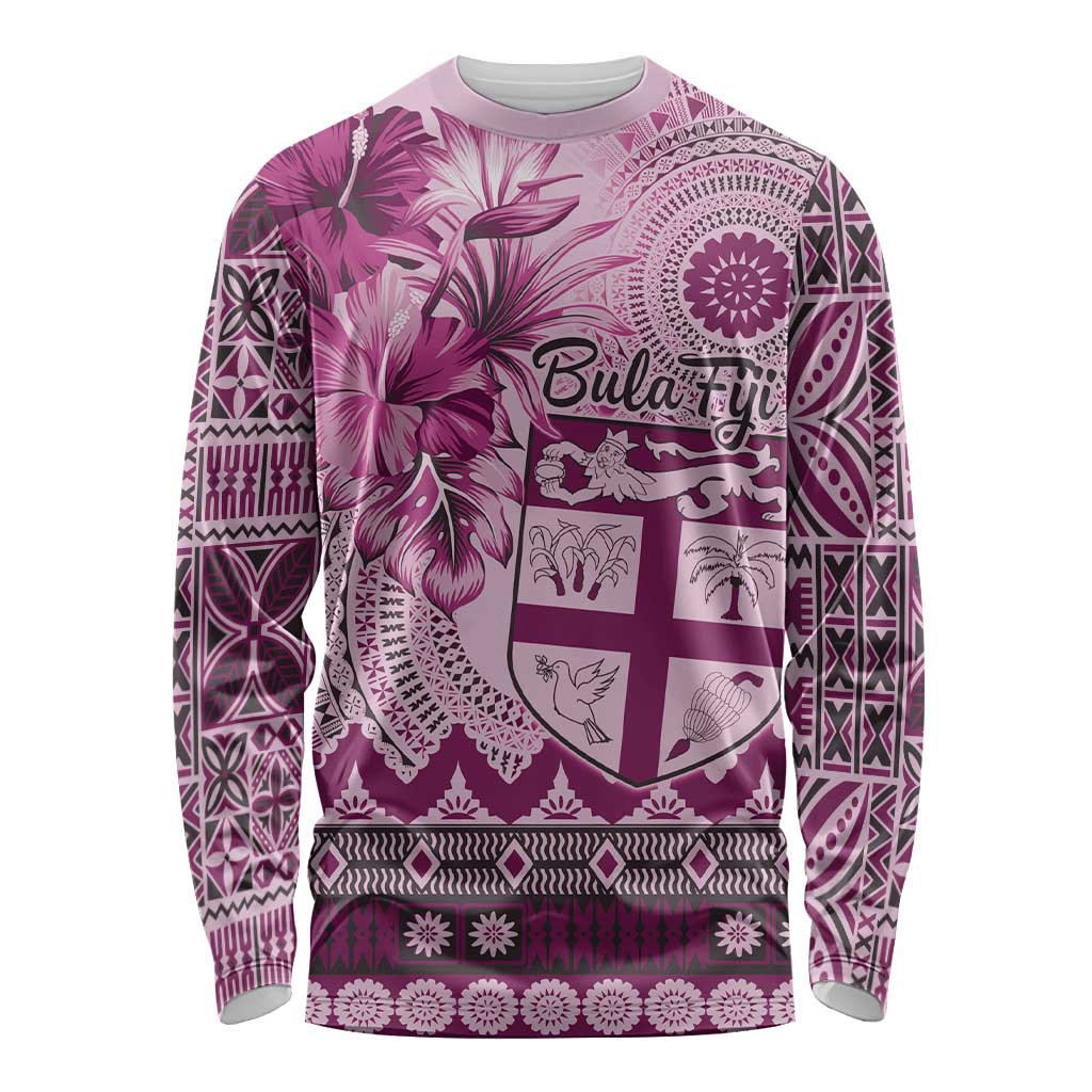 Vintage Bula Fiji Personalised Long Sleeve Shirt Pink Hibiscus Tapa Pattern LT9 Unisex Pink - Polynesian Pride