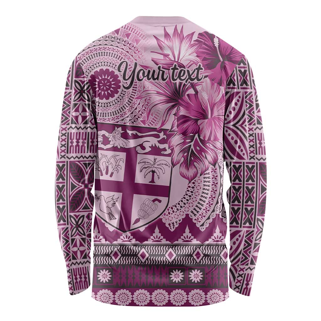 Vintage Bula Fiji Personalised Long Sleeve Shirt Pink Hibiscus Tapa Pattern LT9 - Polynesian Pride