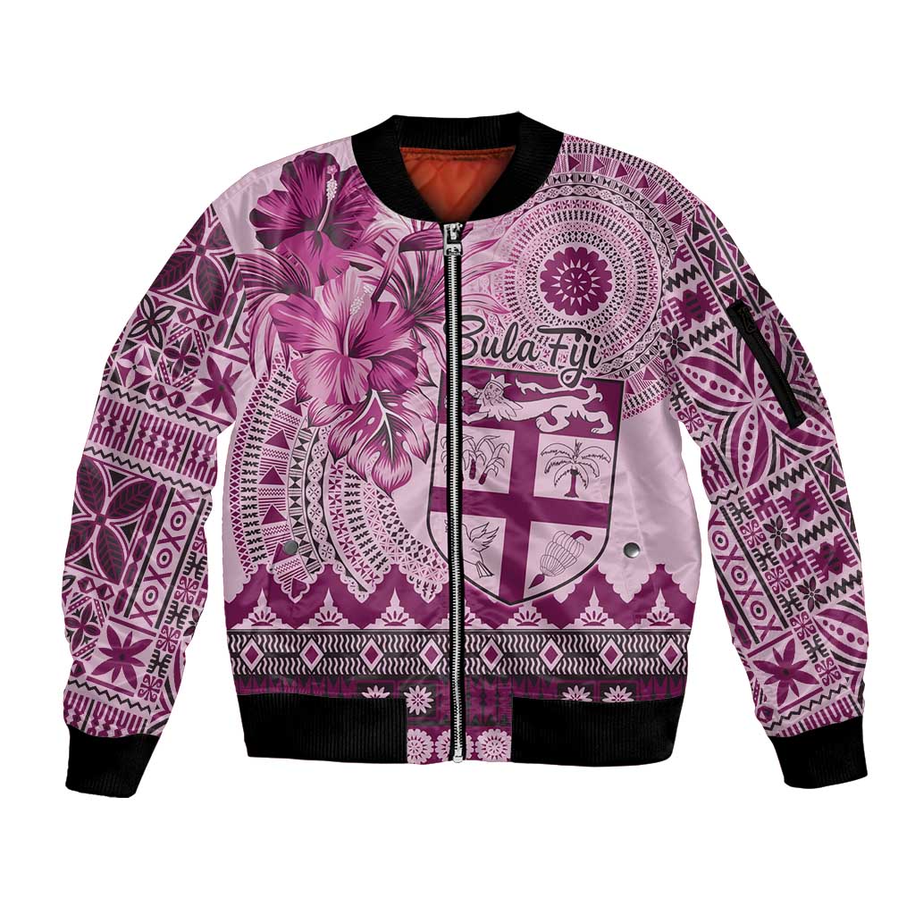 Vintage Bula Fiji Personalised Sleeve Zip Bomber Jacket Pink Hibiscus Tapa Pattern