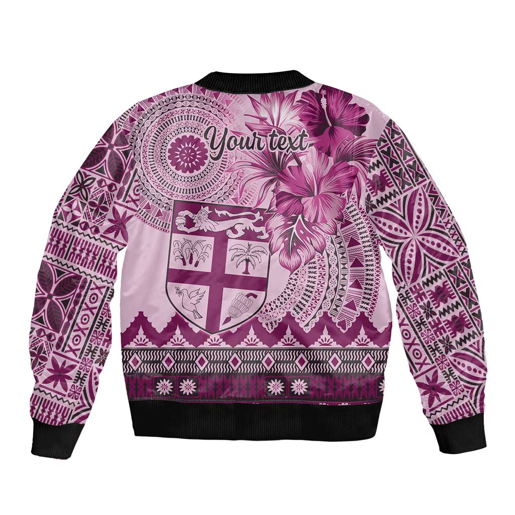 Vintage Bula Fiji Personalised Sleeve Zip Bomber Jacket Pink Hibiscus Tapa Pattern