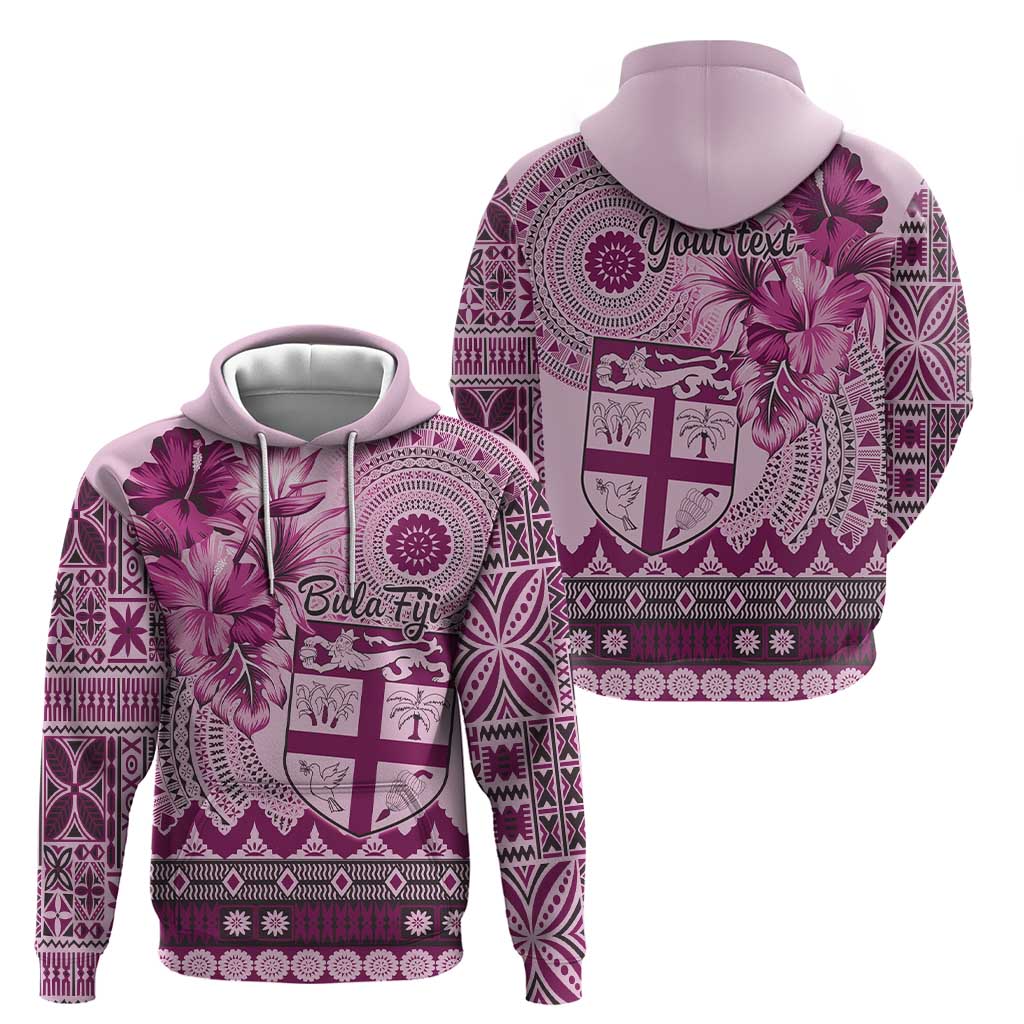 Vintage Bula Fiji Personalised Zip Hoodie Pink Hibiscus Tapa Pattern