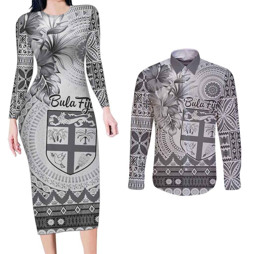 Vintage Bula Fiji Personalised Couples Matching Long Sleeve Bodycon Dress and Long Sleeve Button Shirt Beige Hibiscus Tapa Pattern
