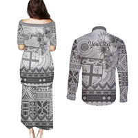 Vintage Bula Fiji Personalised Couples Matching Puletasi and Long Sleeve Button Shirt Beige Hibiscus Tapa Pattern