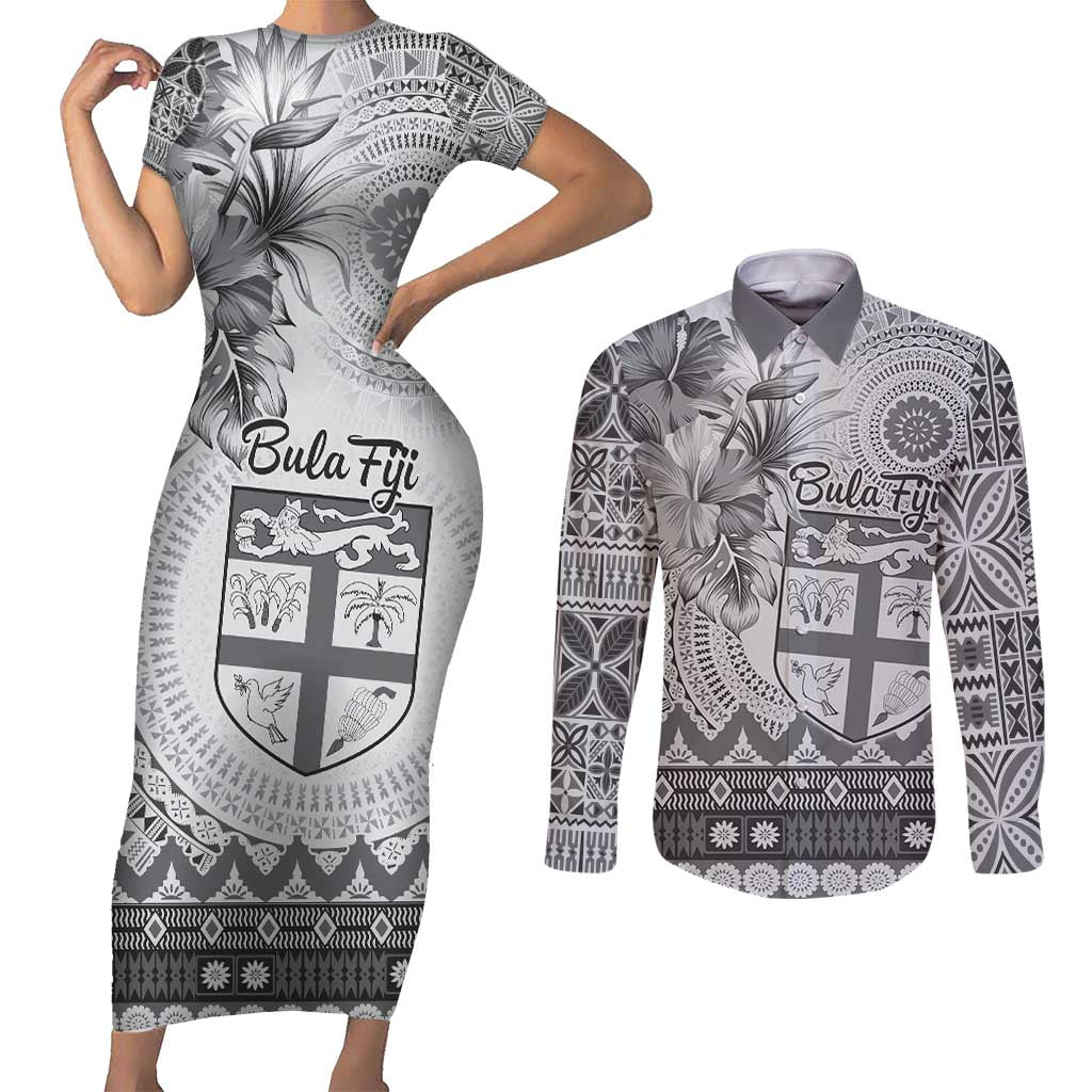 Vintage Bula Fiji Personalised Couples Matching Short Sleeve Bodycon Dress and Long Sleeve Button Shirt Beige Hibiscus Tapa Pattern