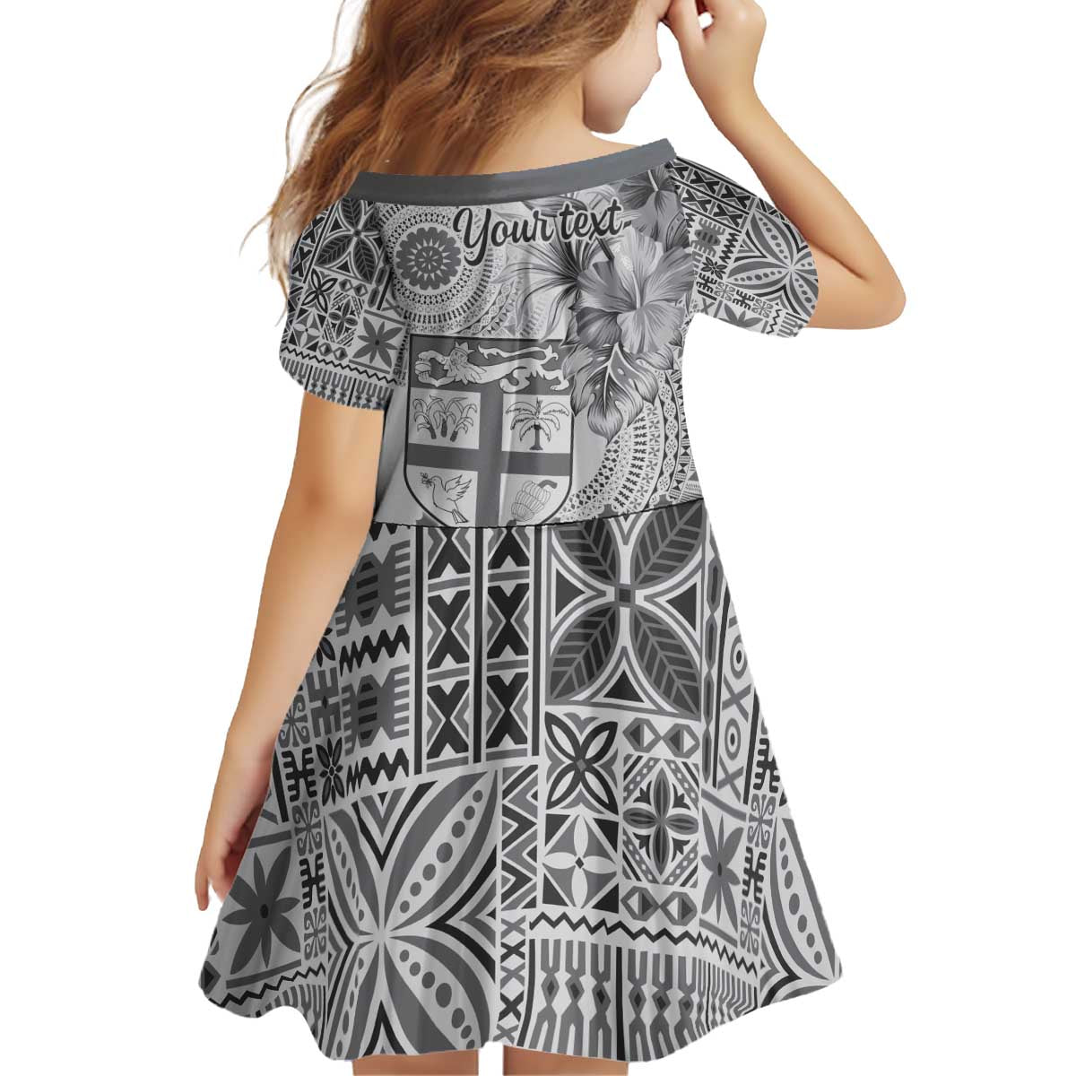 Vintage Bula Fiji Personalised Kid Short Sleeve Dress Beige Hibiscus Tapa Pattern