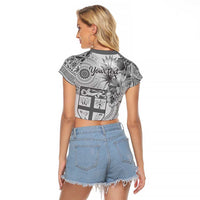 Vintage Bula Fiji Personalised Raglan Cropped T Shirt Beige Hibiscus Tapa Pattern