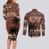 Personalised Bula Fiji 679 Couples Matching Long Sleeve Bodycon Dress and Long Sleeve Button Shirt Fijian Tagimoucia Masi Tapa Art