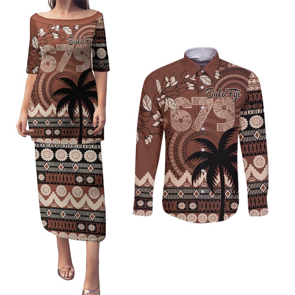 Personalised Bula Fiji 679 Couples Matching Puletasi and Long Sleeve Button Shirt Fijian Tagimoucia Masi Tapa Art
