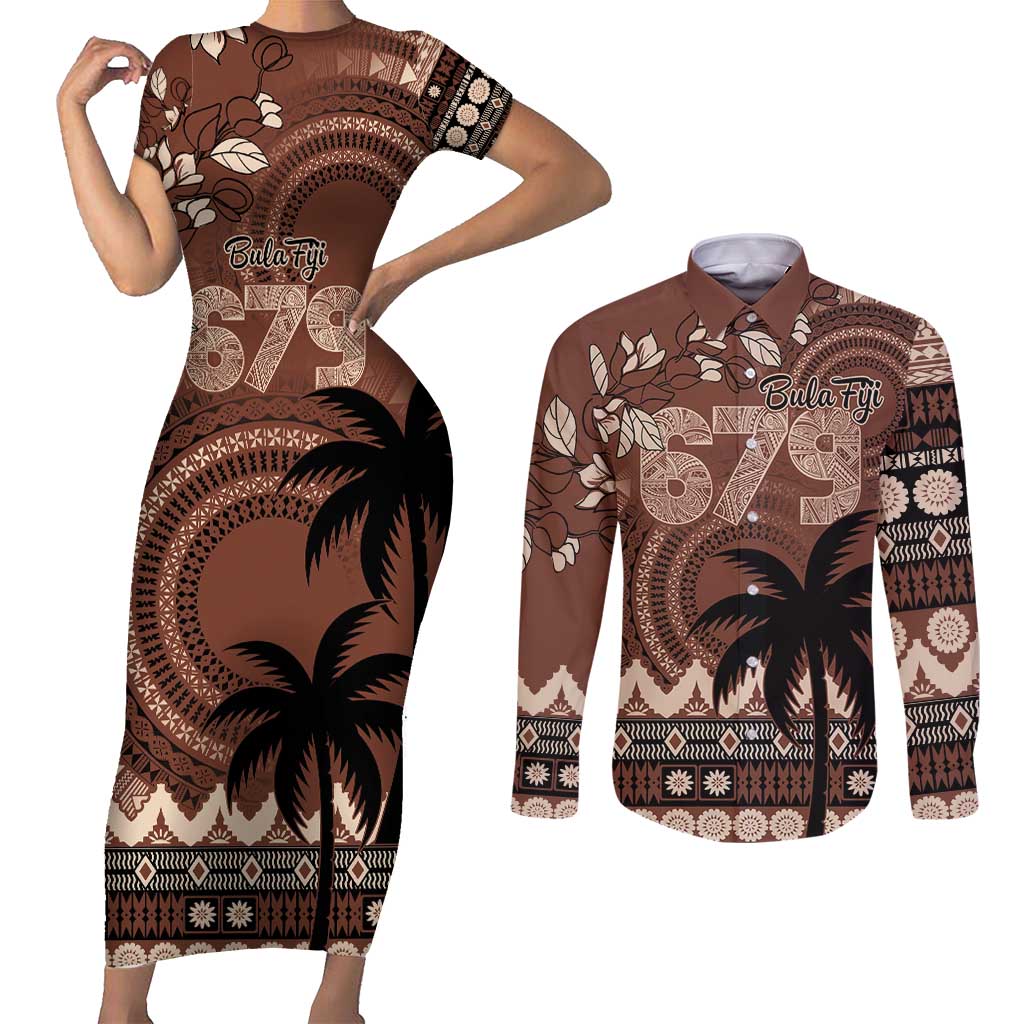 Personalised Bula Fiji 679 Couples Matching Short Sleeve Bodycon Dress and Long Sleeve Button Shirt Fijian Tagimoucia Masi Tapa Art