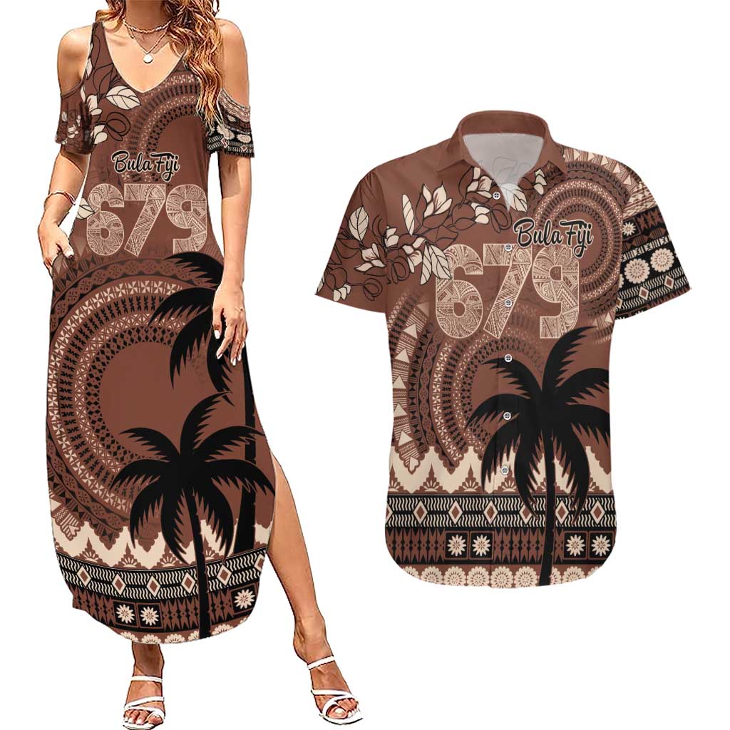 Personalised Bula Fiji 679 Couples Matching Summer Maxi Dress and Hawaiian Shirt Fijian Tagimoucia Masi Tapa Art