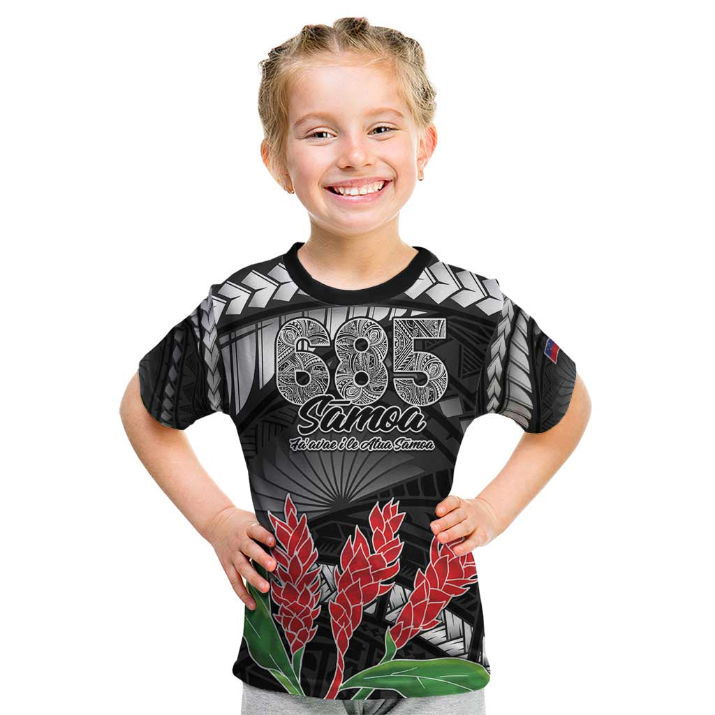 Personalised Samoa 685 Kid T Shirt Teuila Flower With Black Samoan Tattoo LT9 Black - Polynesian Pride