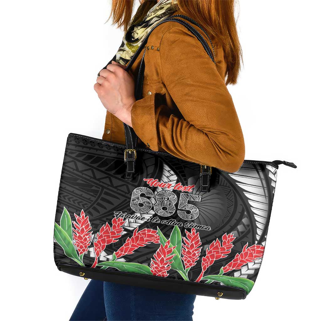 Personalised Samoa 685 Leather Tote Bag Teuila Flower With Black Samoan Tattoo LT9 Black - Polynesian Pride