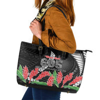 Personalised Samoa 685 Leather Tote Bag Teuila Flower With Black Samoan Tattoo LT9 Black - Polynesian Pride