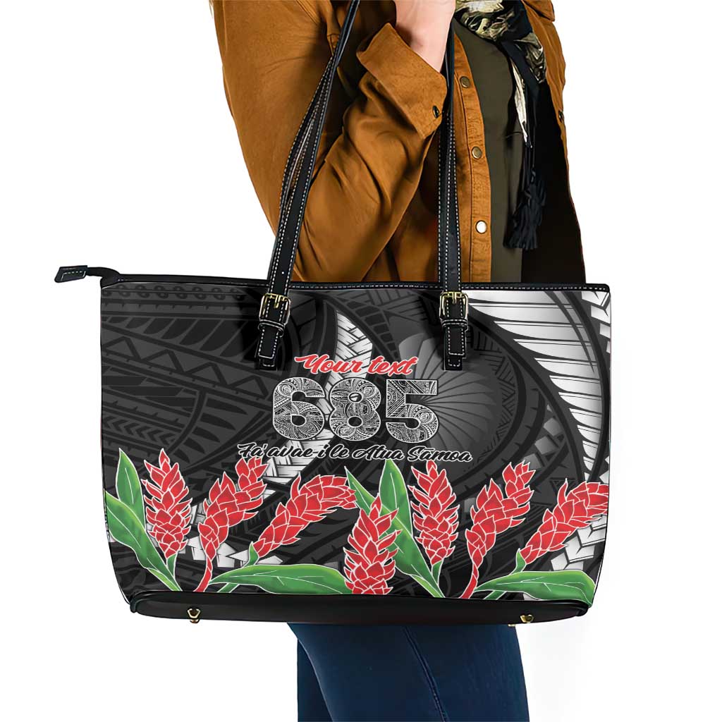 Personalised Samoa 685 Leather Tote Bag Teuila Flower With Black Samoan Tattoo LT9 - Polynesian Pride
