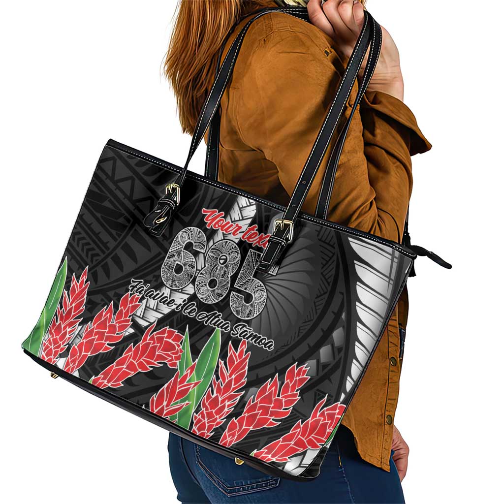 Personalised Samoa 685 Leather Tote Bag Teuila Flower With Black Samoan Tattoo LT9 - Polynesian Pride