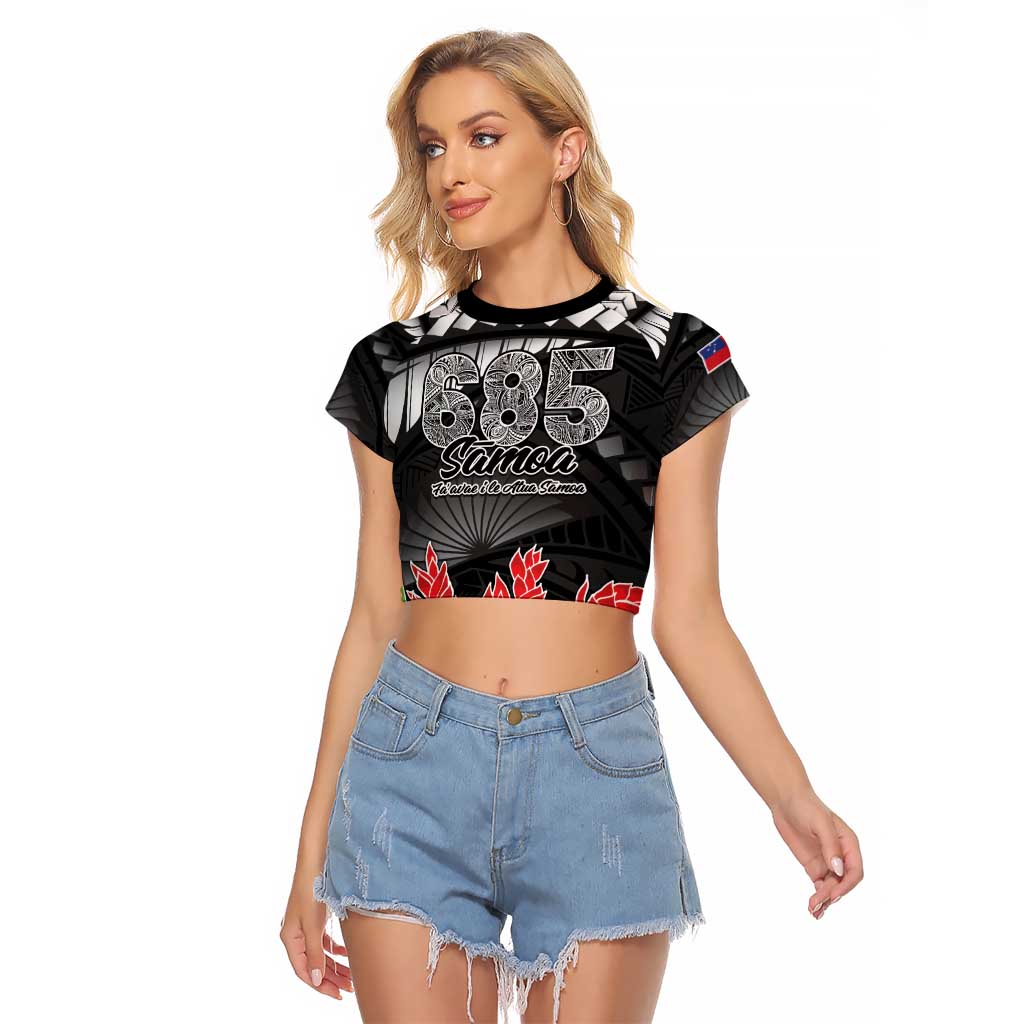 Personalised Samoa 685 Raglan Cropped T Shirt Teuila Flower With Black Samoan Tattoo LT9 Female Black - Polynesian Pride