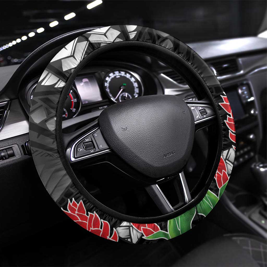 Samoa 685 Steering Wheel Cover Teuila Flower With Black Samoan Tattoo LT9 Universal Fit Black - Polynesian Pride