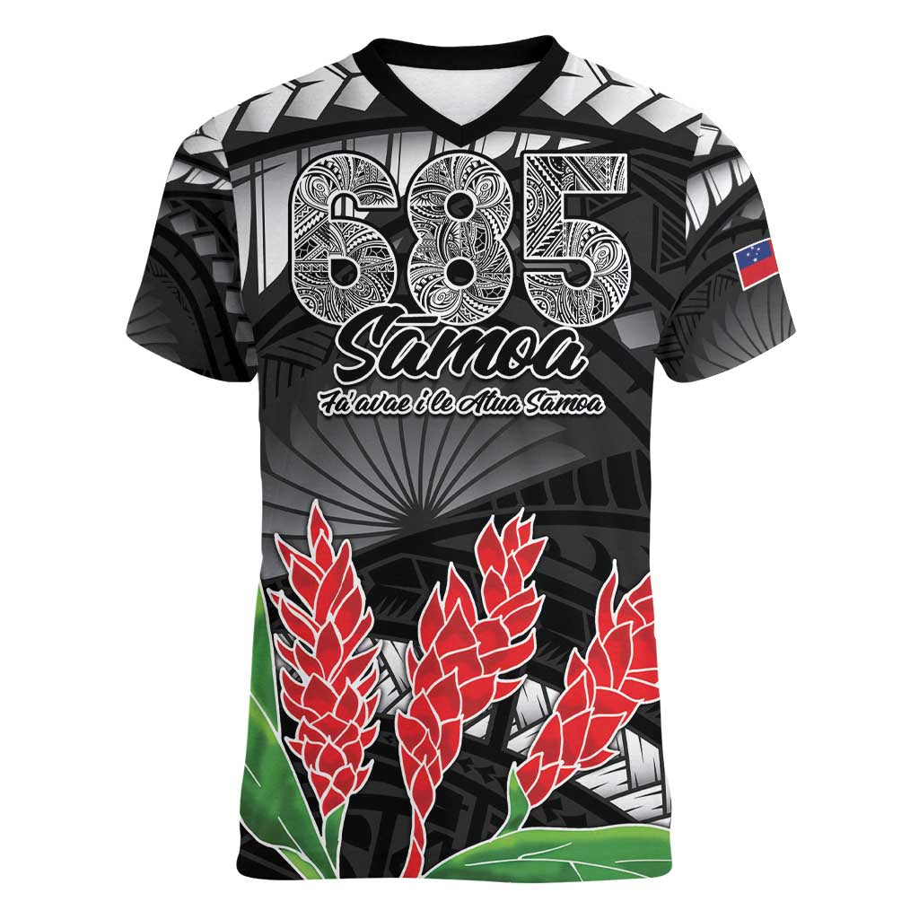 Personalised Samoa 685 Women V-Neck T-Shirt Teuila Flower With Black Samoan Tattoo LT9 Female Black - Polynesian Pride