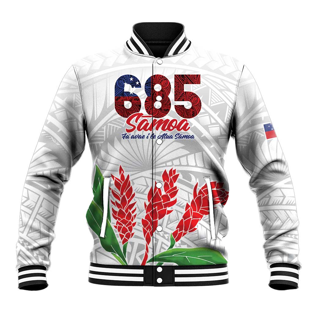 Personalised Samoa 685 Baseball Jacket Teuila Flower With White Samoan Tattoo LT9 Unisex White - Polynesian Pride