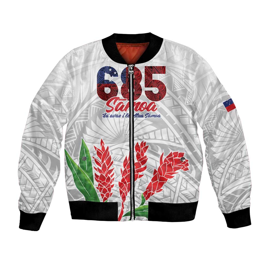 Personalised Samoa 685 Bomber Jacket Teuila Flower With White Samoan Tattoo LT9 Unisex White - Polynesian Pride