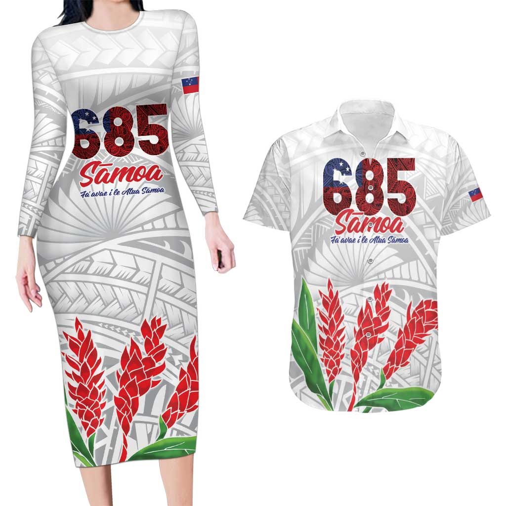 Personalised Samoa 685 Couples Matching Long Sleeve Bodycon Dress and Hawaiian Shirt Teuila Flower With White Samoan Tattoo LT9 White - Polynesian Pride