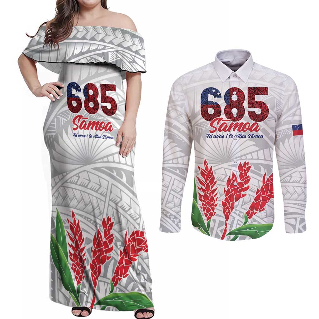 Personalised Samoa 685 Couples Matching Off Shoulder Maxi Dress and Long Sleeve Button Shirt Teuila Flower With White Samoan Tattoo LT9 White - Polynesian Pride
