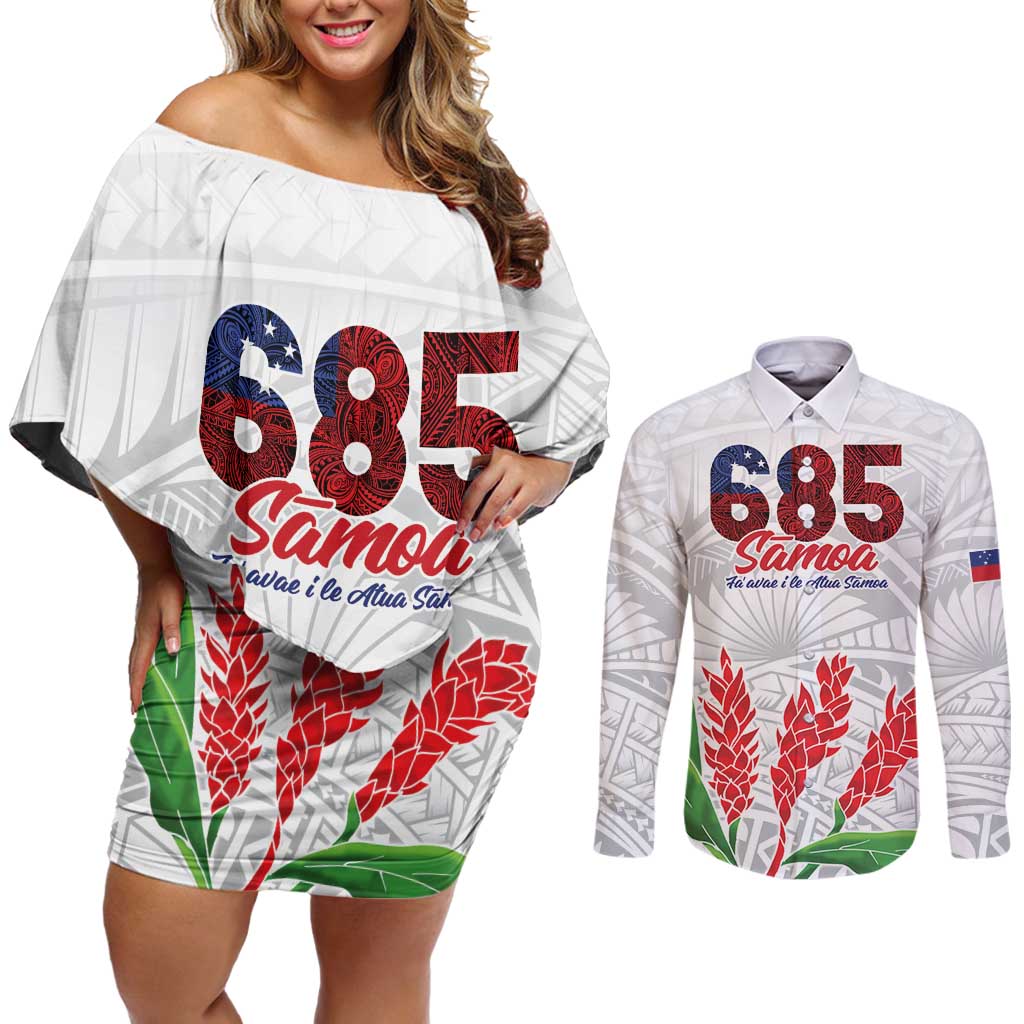 Personalised Samoa 685 Couples Matching Off Shoulder Short Dress and Long Sleeve Button Shirt Teuila Flower With White Samoan Tattoo LT9 White - Polynesian Pride