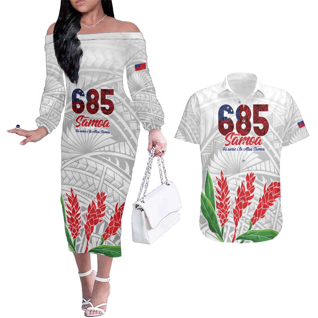 Personalised Samoa 685 Couples Matching Off The Shoulder Long Sleeve Dress and Hawaiian Shirt Teuila Flower With White Samoan Tattoo LT9 White - Polynesian Pride