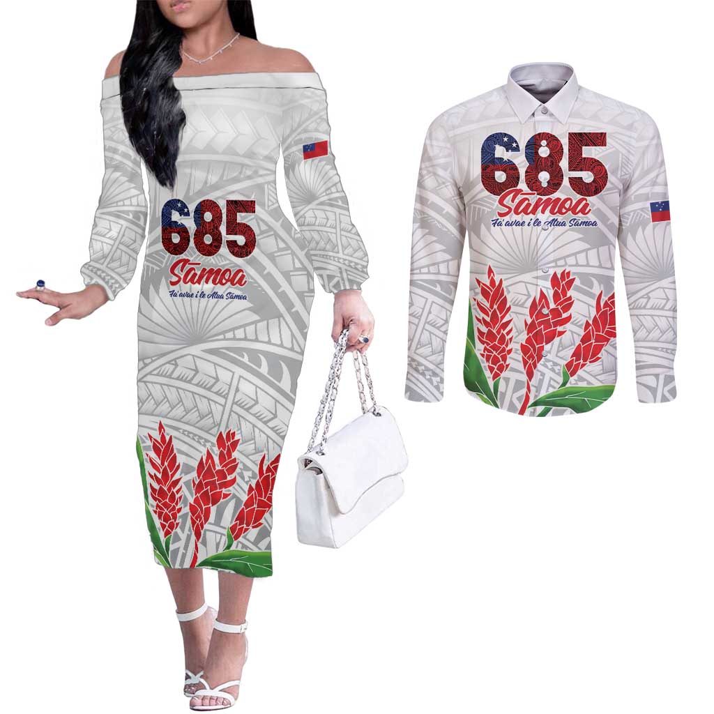 Personalised Samoa 685 Couples Matching Off The Shoulder Long Sleeve Dress and Long Sleeve Button Shirt Teuila Flower With White Samoan Tattoo LT9 White - Polynesian Pride