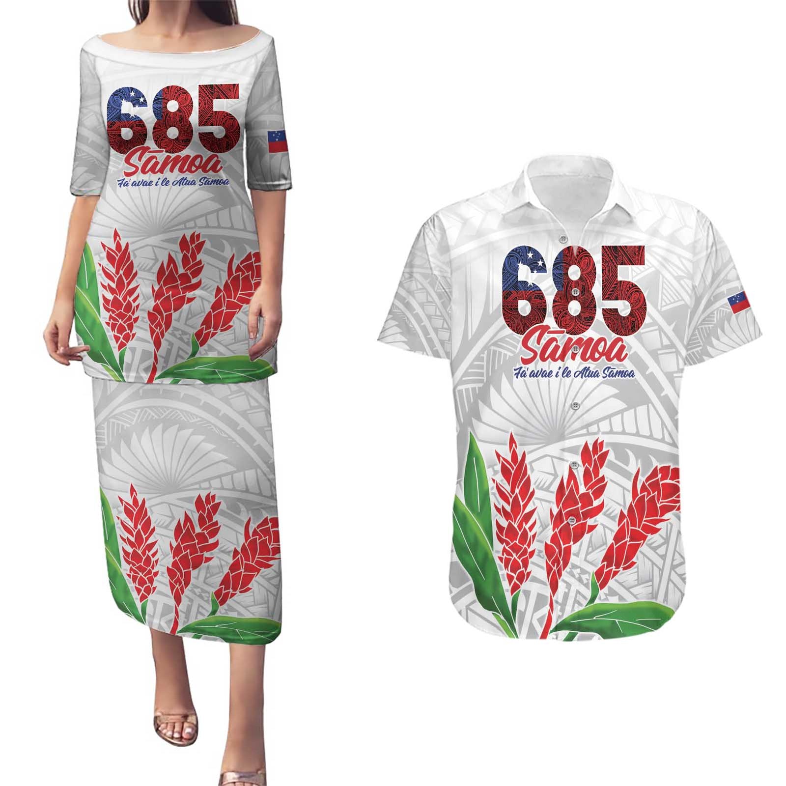 Personalised Samoa 685 Couples Matching Puletasi and Hawaiian Shirt Teuila Flower With White Samoan Tattoo LT9 White - Polynesian Pride