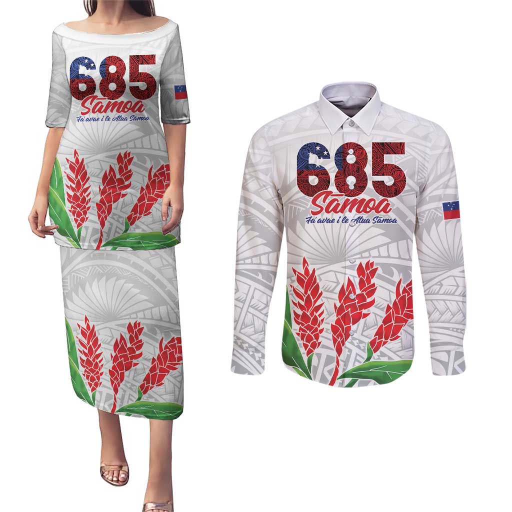 Personalised Samoa 685 Couples Matching Puletasi and Long Sleeve Button Shirt Teuila Flower With White Samoan Tattoo LT9 White - Polynesian Pride