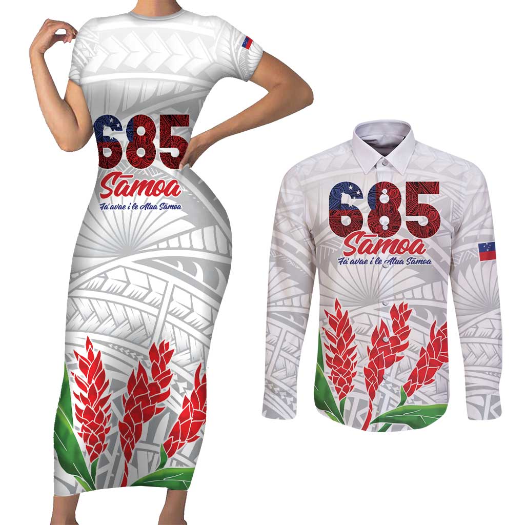 Personalised Samoa 685 Couples Matching Short Sleeve Bodycon Dress and Long Sleeve Button Shirt Teuila Flower With White Samoan Tattoo LT9 White - Polynesian Pride