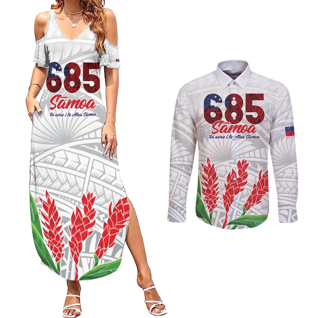 Personalised Samoa 685 Couples Matching Summer Maxi Dress and Long Sleeve Button Shirt Teuila Flower With White Samoan Tattoo LT9 White - Polynesian Pride