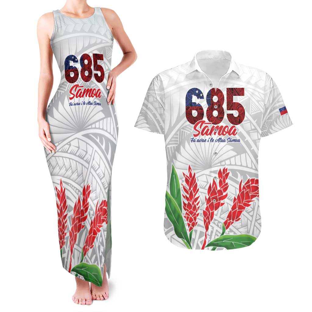 Personalised Samoa 685 Couples Matching Tank Maxi Dress and Hawaiian Shirt Teuila Flower With White Samoan Tattoo LT9 White - Polynesian Pride