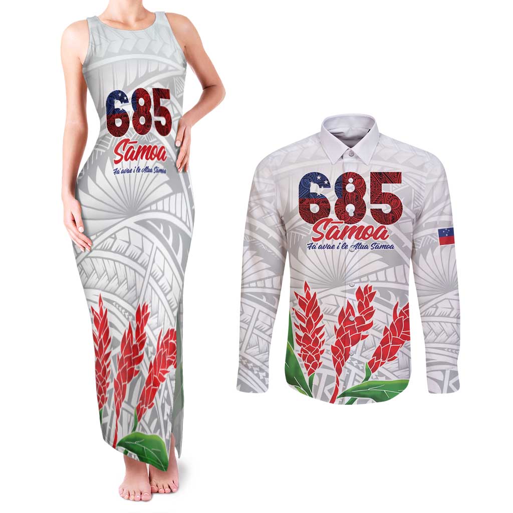 Personalised Samoa 685 Couples Matching Tank Maxi Dress and Long Sleeve Button Shirt Teuila Flower With White Samoan Tattoo LT9 White - Polynesian Pride