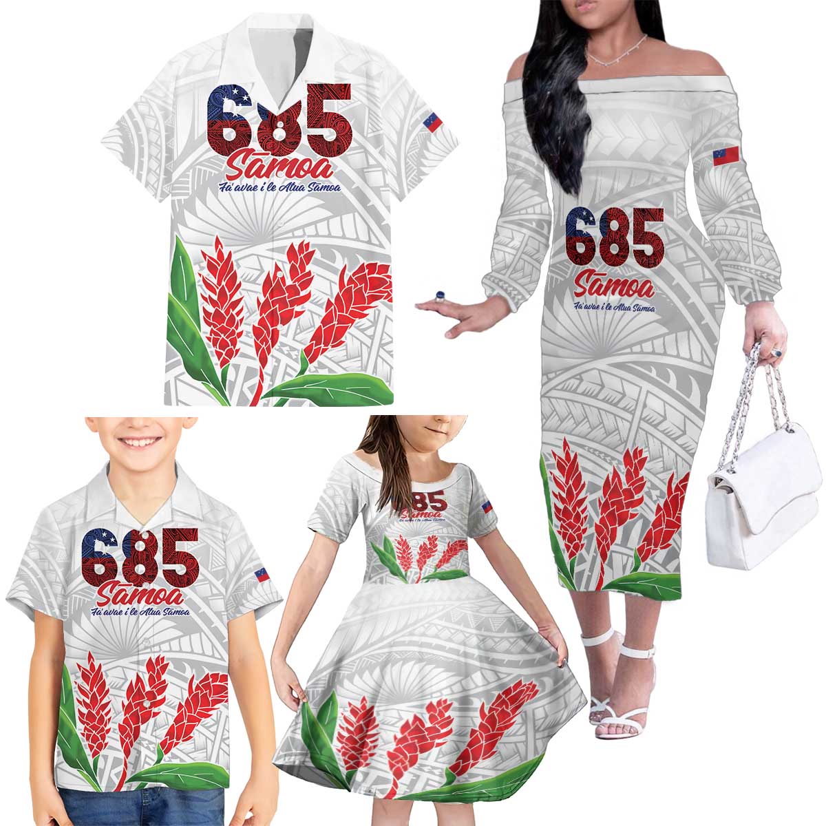 Personalised Samoa 685 Family Matching Off The Shoulder Long Sleeve Dress and Hawaiian Shirt Teuila Flower With White Samoan Tattoo LT9 - Polynesian Pride