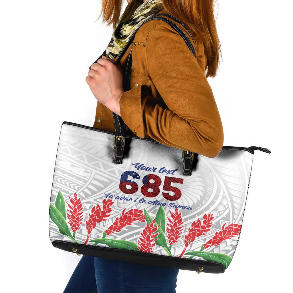 Personalised Samoa 685 Leather Tote Bag Teuila Flower With White Samoan Tattoo LT9 White - Polynesian Pride
