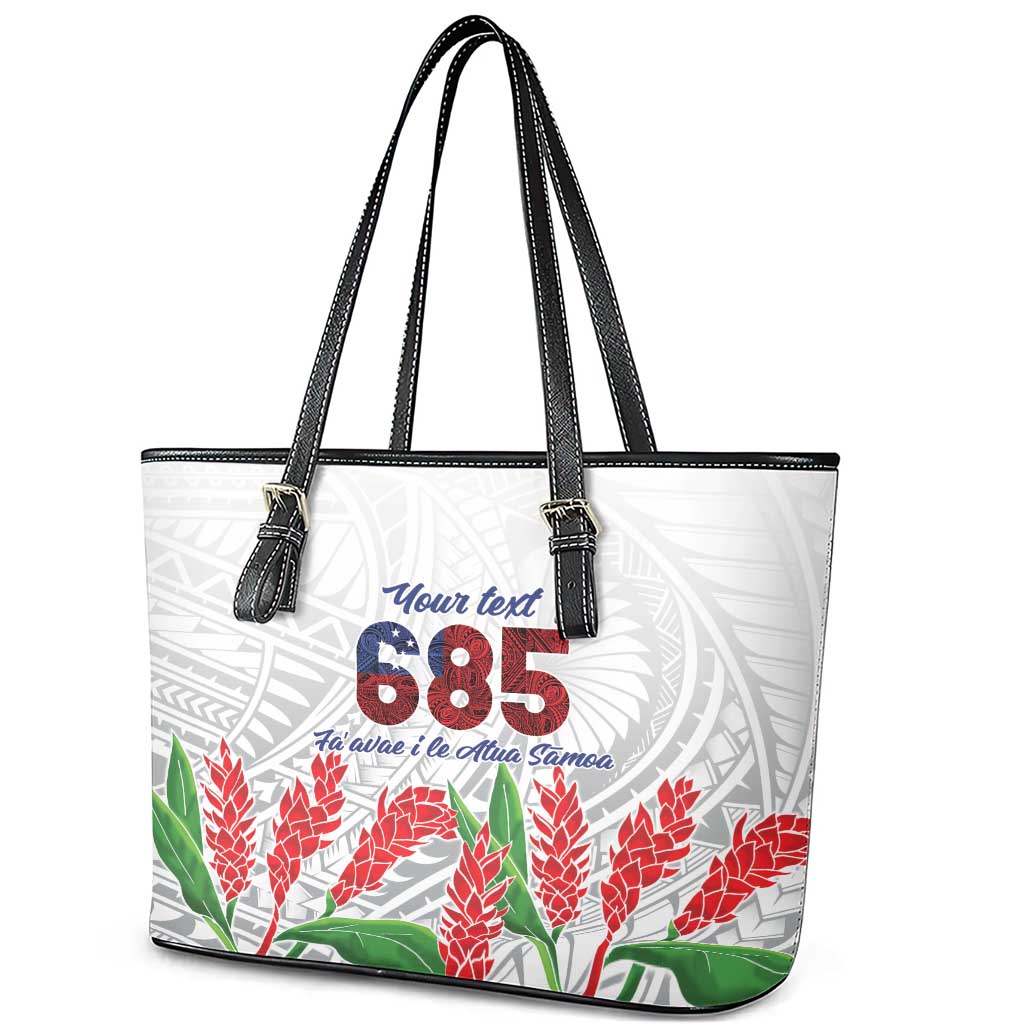 Personalised Samoa 685 Leather Tote Bag Teuila Flower With White Samoan Tattoo LT9 - Polynesian Pride