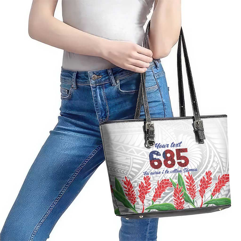 Personalised Samoa 685 Leather Tote Bag Teuila Flower With White Samoan Tattoo LT9 - Polynesian Pride