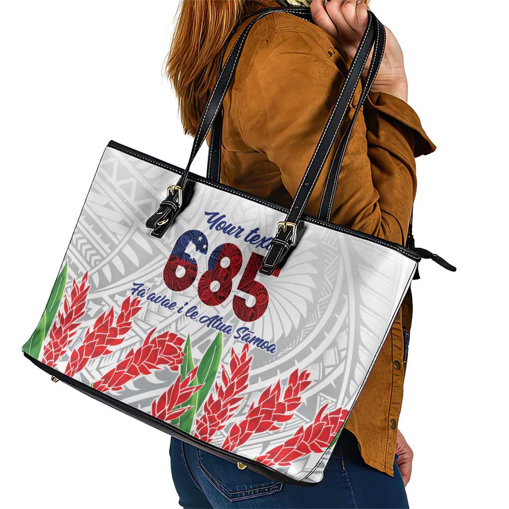Personalised Samoa 685 Leather Tote Bag Teuila Flower With White Samoan Tattoo LT9 - Polynesian Pride