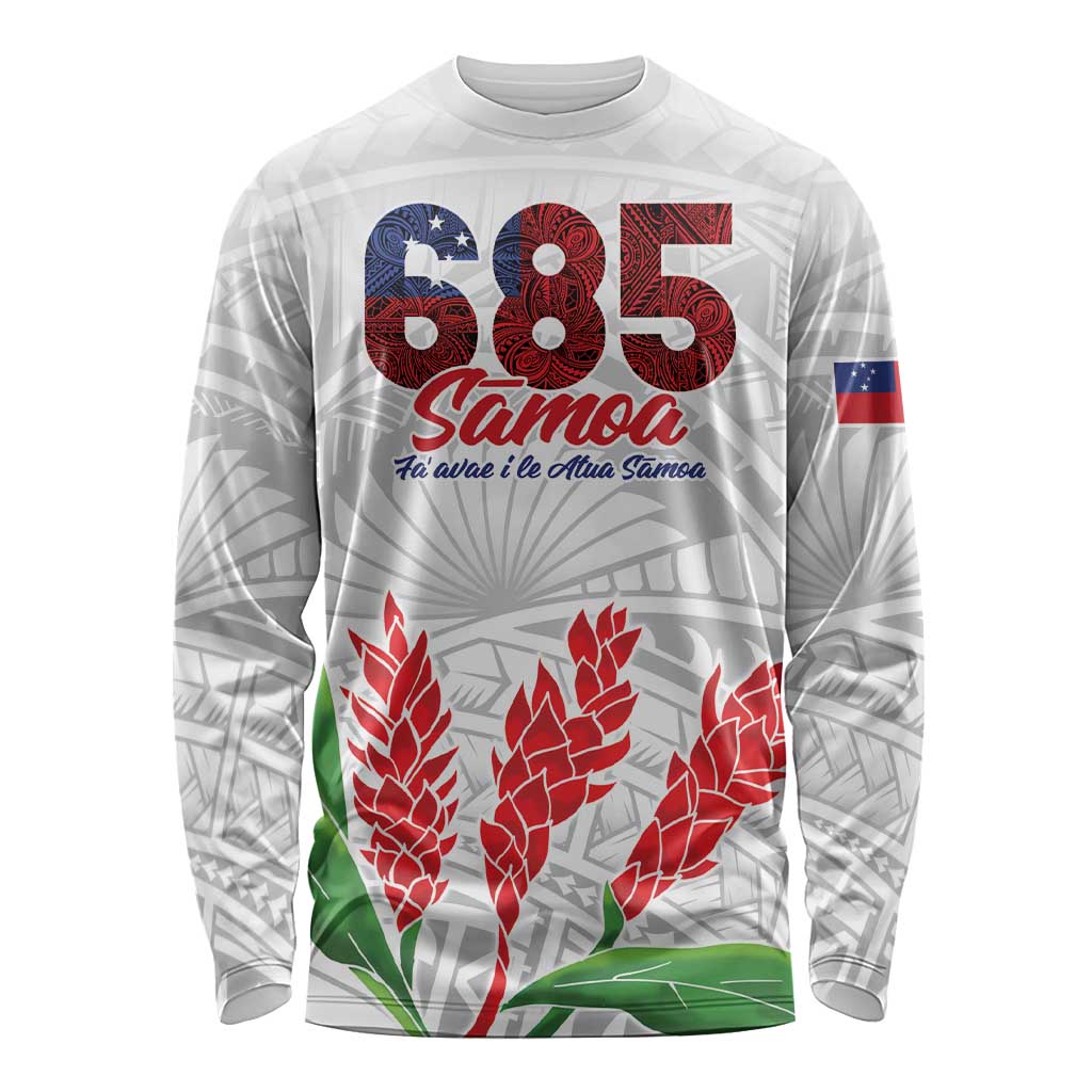 Personalised Samoa 685 Long Sleeve Shirt Teuila Flower With White Samoan Tattoo LT9 Unisex White - Polynesian Pride